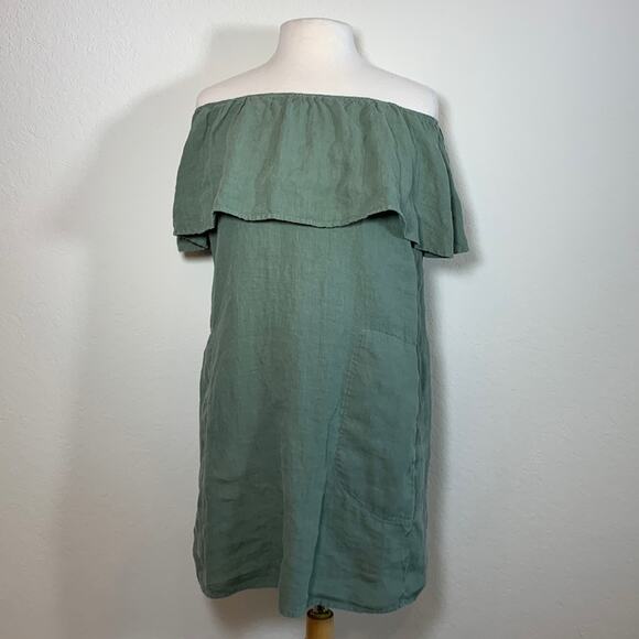 The Impeccable Pig Off the Shoulder Mint/Seafoam Linen Ruffle Dress Women Small - Picture 1 of 6